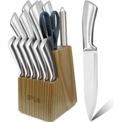 BFYLIN Knife Set, 15-Piece Kitchen Knife Set with Wooden Block, Knife Block Set, Santoku Knife, Chef's Knife, Bread Knife, Paring Knife, Steak Knife, Sharpener