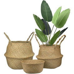 Lawei Pack of 3 Belly Baskets Made of Seagrass Natural Basket Hand Woven Laundry Basket Foldable Flower Basket with Handle for Toys Laundry Picnic Plant Pots Beach Bag
