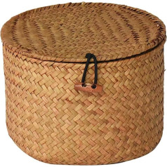 HOLIDYOYO Small Wicker Basket with Lid, Round Braided Seagrass Baskets, Rattan Storage Box, Desk Organiser, Basket Container for Cosmetics, Bread, Snacks, Dresser Organiser