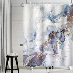 Uiiooazy Shower Curtain Marble Blue Shower Curtain Yellow Gold Marbled Shower Curtain Anti-Mould Waterproof Polyester Fabric Washable Opaque Bathroom Curtain with Hooks for Bathtub 180 W x 180 cm