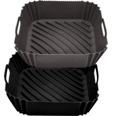 Air Fryer Liners - Durable Air Fryer Silicone Liner - Air Fryer Liner Square with Practical Handles - Dishwasher and Oven Friendly Silicone Air Fryer Basket - Pack of 2 (Black + Grey)