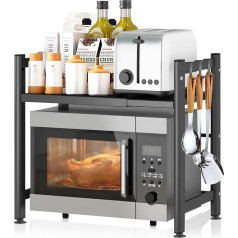 JAMATA 2-Tier Expandable Microwave Shelf, Microwave Stand with 4 Hooks, Flexible, Extendable from 36.5 - 60.5 cm, Ideal for Worktop, Bakery Shelves, Kitchen Organiser, Black