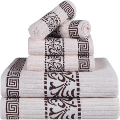 Superior Greek Pattern Decorative 6 Piece Towel Set Absorbent Premium Cotton Bathroom Spa Decor Includes 2 Hand, 2 Faces and 2 Bath Towels, Home Essentials
