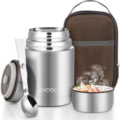 ZWOOS 800 ml Thermal Container for Food, 316 Stainless Steel Heat Container for Food, Leak-Proof Thermal Mug Food with Stainless Steel Spoon, 12 Hours Hot, 12 Hours Cold (Silver)
