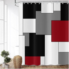 ASDCXZ Shower Curtain, Red, 180 x 200 cm, Modern Abstract Geometry, Red, Black, Grey, White, Waterproof Textile Bathroom Shower Curtains, Washable Polyester Fabric Shower Curtain for Bathtub with 12