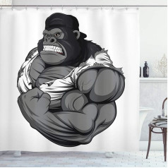 ABAKUHAUS Cartoon Shower Curtain, Animal Athlete Gorilla, Set with 12 Fabric Hooks, Waterproof, Bacteria and Mould Resistant, 175 x 200 cm, Black/White/Grey