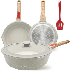 Bobikuke Pan Set 20/24/28 cm, 5-Piece Frying Pan Set with Removable Handle, Non-Stick Pan with Universal Lid, Suitable for All Types of Cookers, Oven and Dishwasher Safe (White)