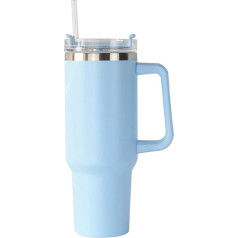 Insulated Travel Mug with Handle, Double Walled Vacuum Sealed Stainless Steel Cup with Straw and Lid for Hot Ice Drinks (Blue)