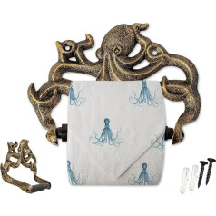 Decorative Cast Iron Octopus Decor Toilet Roll Holder for Bathroom, Octopus, Nautical Bathroom Accessories, Included Screws and Anchors - Gold & Black