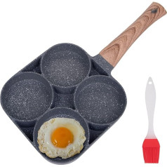 Yesland 4-Cup Frying Pan, 34.2 x 17.8 cm with Bonus Oil Brush, Non-Stick Coating, Poached Eggs, Maifan Pan, Cake Pan with Stone Coating for Fried Egg, Burger, Omelet, Outdoor Camping