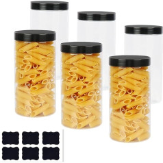 Yishik 1000ml Round Plastic Jars with Black Lids Clear Storage Containers for Pasta/Bean/Cookies for Slime Storage and Crafts (6 Labels Included)