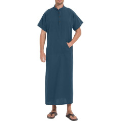 YAOHUOLE Abaya Thobe Men's Short Sleeve Cotton Linen Button Down Stand Collar Long Dress with Pockets