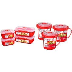 Sistema Microwave-Heat & Eat Food Storage Containers Set | 4 Rectangular Microwave Storage Jars (2 x 1.25L + 2 x 525ml) & Microwave Soup Cup Medium | 656ml | Red | 3 Pack