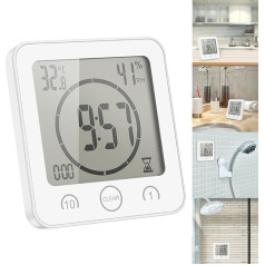 Daily Waterproof Shower Clock, Bathroom Shower Timer Alarm Clock with Large LCD Display, Humidity, Temperature Display, Timer Control, Countdown Timer Clock for Home, Kitchen, Bathroom (White)