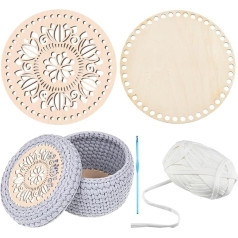 PandaHall Basket Base Kit for Crochet, 2 x 7.8 Inch Round Natural Wood Knitting Base, Blank Hollow Carved, 1 x 4 mm Aluminium Crochet Hook, 1 Roll 40 Yard 9 mm, White Fabric Yarn for DIY, 6/8.5 mm