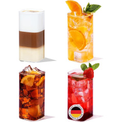 H E L P Y 4 x Square Premium Glasses, Drinking Glass, Transparent, Square, High-Quality Borosilicate Glass, Water, Cocktail, Juice, Iced Coffee, Iced Tea, Long Drink, Smoothie, Glass (330 ml)