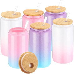 Domensi Sublimationsglasbecher mit Bambusdeckel und Strohhalmen, 473 ml, Glasbecher, breite Öffnung, Trinkgläser, Sublimation, Bierdose für Trinken, Party, Geschenk, Eiskaffee, Milch, Saft, 6 Stück