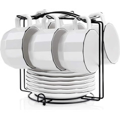 CHILDIKE Coffee Cups Set, Cappuccino Cups and Saucers, Ceramic Tea Cups, Set of 6 with Metal Holder, Geometric White Black Rim, 200ml