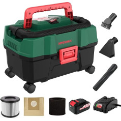 HYCHIKA Cordless Wet and Dry Vacuum Cleaner, 18V, 15L, with Blower Function, with 4.0Ah Battery, Quick Charger, HEPA Filter, Ideal for Cars, DIY Workshops, Outdoor Cleaning