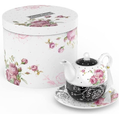 London Boutique Tea for One Teapot Tea Cup Saucer Set Afternoon Tea Set for 1 New Bone China Vintage Flora Gift for Women 350 m (Black)