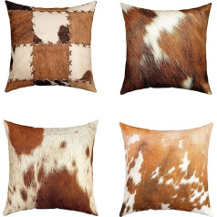 Pack of 4 Cowhide Cushion Covers 40 x 40 cm Christmas Cowhide Print Throw Cushion Covers Brown Farm Animal Cushion Covers Cowboy Western Cow Print Decor Square Cushion Covers for Sofa Couch Bed