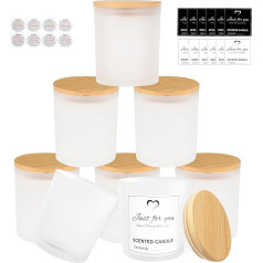 CONNOO 8 Pack 400ml Frosted Glass Candle Jars with Bamboo Lids for Candle Making Large Empty Candle Tins with Adhesive Labels - Leakproof and Dishwasher Safe