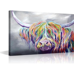 Oil Painting on Canvas Colorful Bull Animal Wall Art Decoration Modern Home Decor Canvas Print for Home Living Room Poster Framed Ready to Hang 24