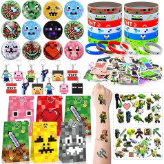 110 x Miner Party Bags Children's Birthday Party Bags with Sticker Temporary Tattoos Key Ring Silicone Bracelet Gifts for Boys Children