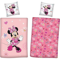 Minnie Mouse Winter Bedding Set 135 x 200 cm + 80 x 80 cm 100% Cotton Pink Flannelette Bedding with Hearts and Bows for Girls