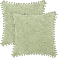 CaliTime 2 Pack Cozy Solid Color Soft Chenille Cushion Covers with Pompoms for Couch Sofa Home Decor 40cm x 40cm Sage