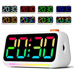 CHEREEKI Digital Alarm Clock with Light for Children Teenagers, 8 Dynamic Colour LED Display, 2 Alarms, Adjustable Brightness and Volume, Digital Clock with Power Supply