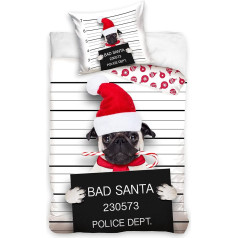 MTOnlinehandel Bed Linen Set 135 x 200 cm · Funny Christmas Bed Linen · Bad Santa Pug Winter Motif Merry Christmas · 135 x 200 + 80 x 80 cm · 100% Cotton · Children, Teenagers, Adults