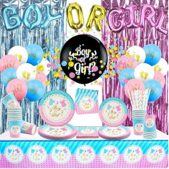 Gender Reveal Decorations Including Banner for Boys or Girls, Plates, Tablecloth, 36