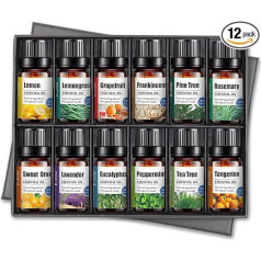 Organic Essential Oils Set of 12 - Natural Relaxation for All Senses | Lavender, Peppermint, Tea Tree, Sweet Orange, Eucalyptus, Lemongrass, Rosemary, Frankincense, Lemon, Mandarin, Pine, Grapefru