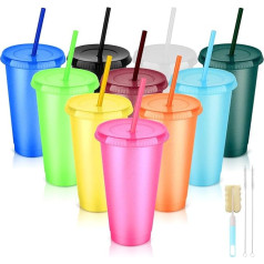 NUZEKY Reusable Plastic Cups with Straws and Lids - 10 Pack 24oz Cold Coffee Drinking Cups Colorful Straw Cups - Cute Durable Travel Party Cups for Adults