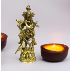 purpledip Hindu Religious Lord Krishna Statue in Sculptures Solid Brass Metal for Home Temple, Office or Shop Puja Shelf | Hindu Religious Gift (10375)