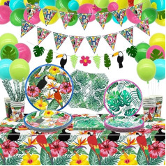 Hawaiian Luau Party Supplies - Tropical Birthday Banner, Latex Balloon, Palm Leaves, Hibiscus Flowers, Paper Plates, Napkins, Cups and Tablecloth for Summer Party Decorations, Serves 20 Guests