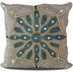 Linen Clubs Super Luxury Soft Beaded Euro Pillow Case Cushion Cover Square Design 14 x 14 Inch Teal Gold Silver