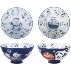 CoolChange Japanese Daruma & Lucky Cat Rice Bowl, Hand-Painted Made of Porcelain, Set of 2, Ceramic Bowls, Asian Dining Bowls, 12 cm, Microwave and Dishwasher Safe
