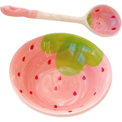 Healeved Cute Strawberry Shape Ceramic Bowl, Bowl and Spoon Set, Snack Bowl, Dessert Bowl, Small Serving Bowl, Cereal Bowls, Home, Kitchenware