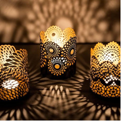 ZEYA Tea Light Holder Black Gold Metal, Set of 3, (H) 10.5 cm, Diameter 8.5 cm, Lantern Ornaments as Attractive Table Decoration with 3 Designs, Decorative Living Room