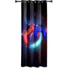 YONGFOTO 140 x 229 cm Curtains for Playroom, Red and Blue, Gamepad, Abstract Symbol, Fantasy World, Blackout Curtain for Children's Room, 1 Panel with Eyelets