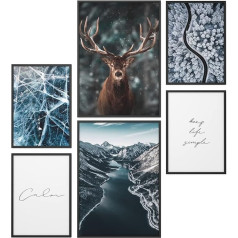 Papierschmiede® Mood Poster Set Ice Age Pictures Wall Decoration Living Room and Bedroom 2 x DIN A4 and 4 x DIN A5 Elk Winter Snow Frost - Without Frame