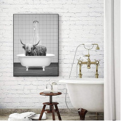 LYBOHO Black White Scottish Highland Cow Bathroom Pictures Funny Animal in the Bathtub Canvas Pictures for Living Room Bathroom Bedroom Decorative Frameless (1 Piece, 50 cm x 70 cm, GDN2)