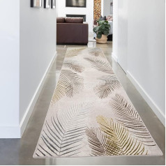 CARPETIA Modern Living Room Designer Rug with Palm Branches, Easy Care, Cream Gold, 80 x 300 cm