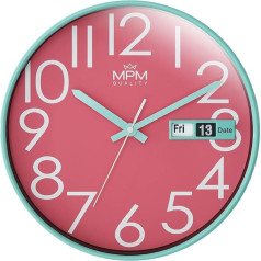 MPM Quality Design Wall Clock, Turquoise/Pink, Date Display, Precise Quartz Movement, Diameter 305 mm, Modern Wall Decoration for Living Room, Bedroom or Office