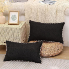 decorUhome Decorative Black Cushion Covers 12 x 20 Inch Linen Trimmed Edge Cushion Cover for Sofa Couch 30 x 50 cm Set of 2