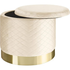 Tectake 800839 Velvet Storage Stool, Round Pouf with Quilted Pattern, Maximum Load 300 kg, Padded, Removable Lid, Large Storage Compartment, Base in Gold (Cream White)