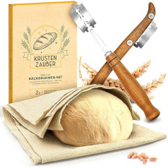 Krustenzauber Baker's Linen and Baker's Knife Set - 2 x Linen Cloth 75 x 45 cm + 2 x Dough Knives - Bread Baking Accessories, Dough Cutter, Bread Knife, Proofing Foil, Dough Cloth, Sourdough Starter,