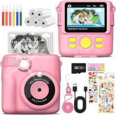 MILFECH Children's Camera Instant Camera 1080P 2.4 Inch Screen Digital Camera Children with 5 Rolls of Printing Paper, 32GB Card, Photo Camera with 6 Coloured Pens, 2 Stickers Gift for Children (Pink)